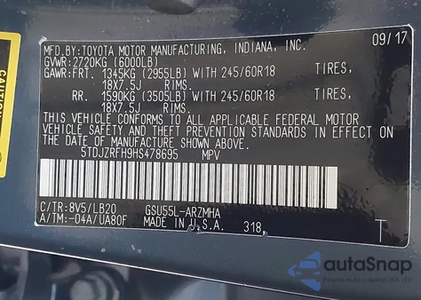 2017 Toyota Highlander Xle from USA, damaged, VIN 5TDJZRFH9HS478695